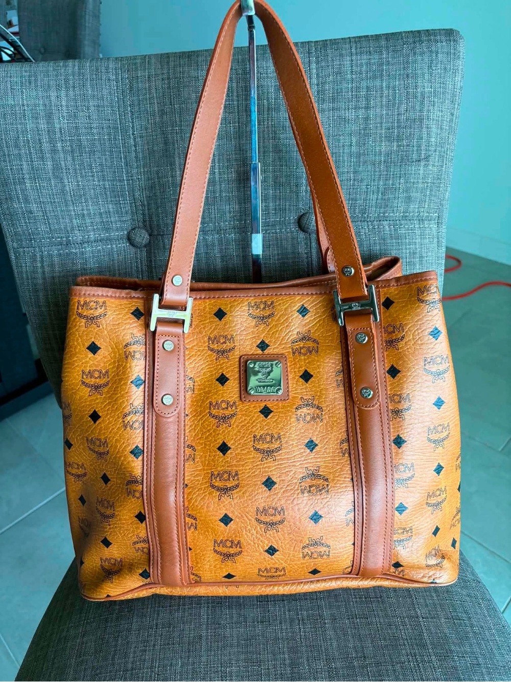 MCM Cognac/Black Visetos Logo Tote with Leather Straps